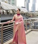 pink kanchipuram silk blend saree with unstitched blouse piece