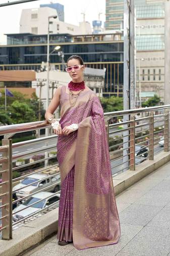 purple kanchipuram silk blend saree with unstitched blouse piece