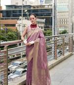 purple kanchipuram silk blend saree with unstitched blouse piece