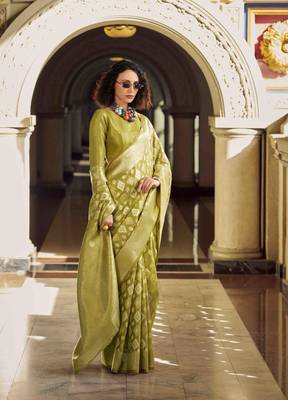 lime green tissue silk blend saree with unstitched blouse piece 1