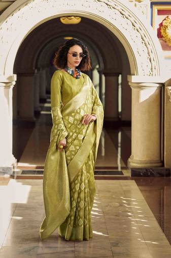 lime green tissue silk blend saree with unstitched blouse piece