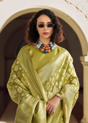 lime green tissue silk blend saree with unstitched blouse piece 2