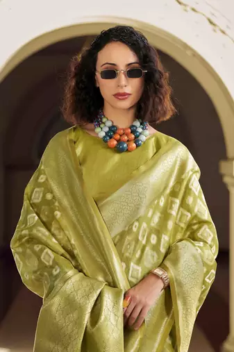 lime green tissue silk blend saree with unstitched blouse piece