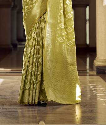 lime green tissue silk blend saree with unstitched blouse piece 3