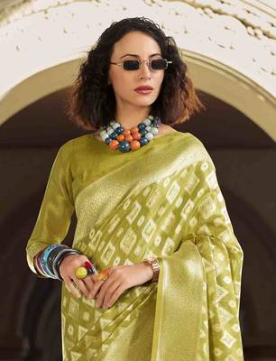 lime green tissue silk blend saree with unstitched blouse piece 4