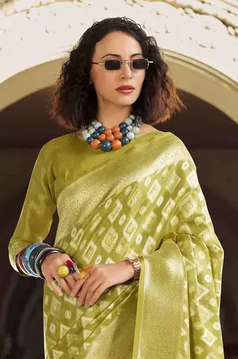 lime green tissue silk blend saree with unstitched blouse piece