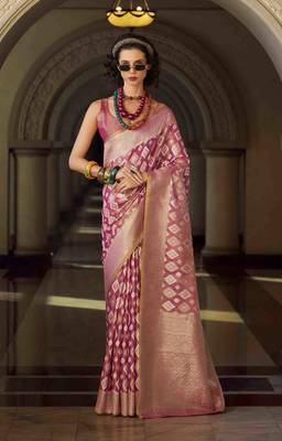 pink tissue silk blend saree with unstitched blouse piece 1