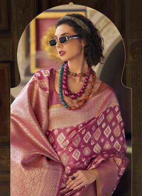 pink tissue silk blend saree with unstitched blouse piece 2