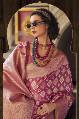pink tissue silk blend saree with unstitched blouse piece