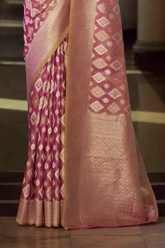 pink tissue silk blend saree with unstitched blouse piece
