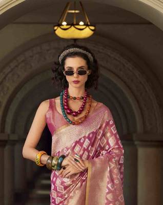 pink tissue silk blend saree with unstitched blouse piece 4
