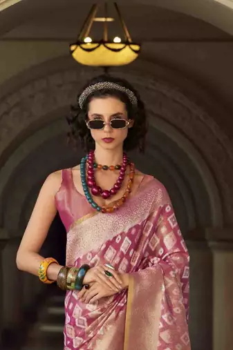 pink tissue silk blend saree with unstitched blouse piece