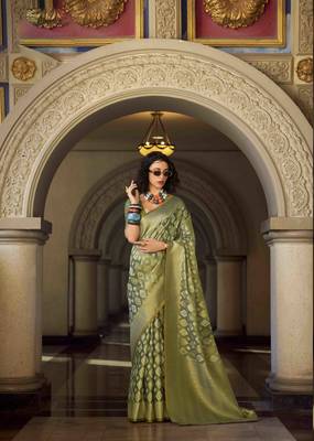 olive tissue silk blend saree with unstitched blouse piece 1