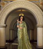 olive tissue silk blend saree with unstitched blouse piece