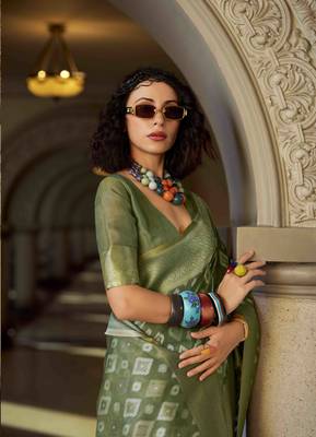 olive tissue silk blend saree with unstitched blouse piece 2