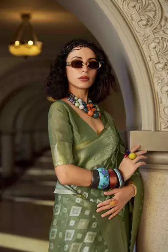 olive tissue silk blend saree with unstitched blouse piece