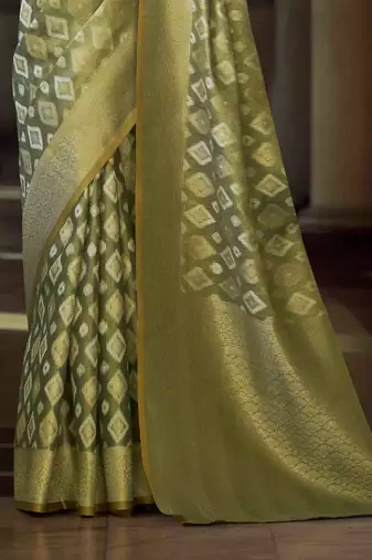 olive tissue silk blend saree with unstitched blouse piece