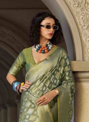 olive tissue silk blend saree with unstitched blouse piece 4