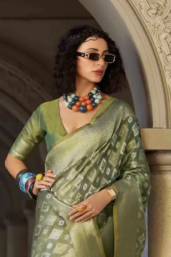 olive tissue silk blend saree with unstitched blouse piece