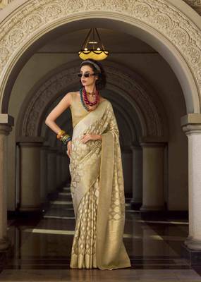 beige tissue silk blend saree with unstitched blouse piece 1