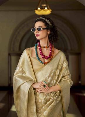 beige tissue silk blend saree with unstitched blouse piece 2
