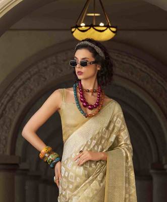 beige tissue silk blend saree with unstitched blouse piece 4