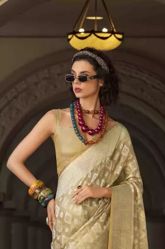 beige tissue silk blend saree with unstitched blouse piece