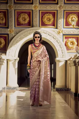 mauve tissue silk blend saree with unstitched blouse piece