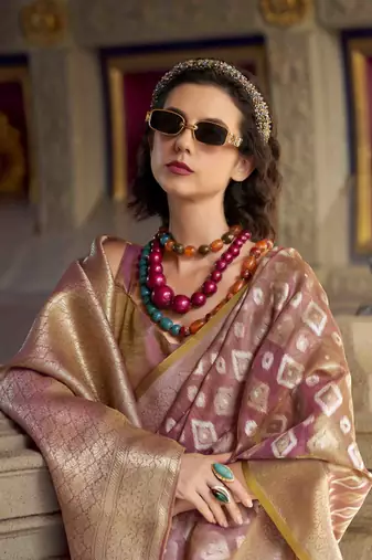 mauve tissue silk blend saree with unstitched blouse piece