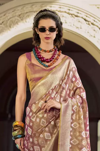 mauve tissue silk blend saree with unstitched blouse piece