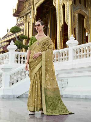mustard tissue silk blend saree with unstitched blouse piece 1