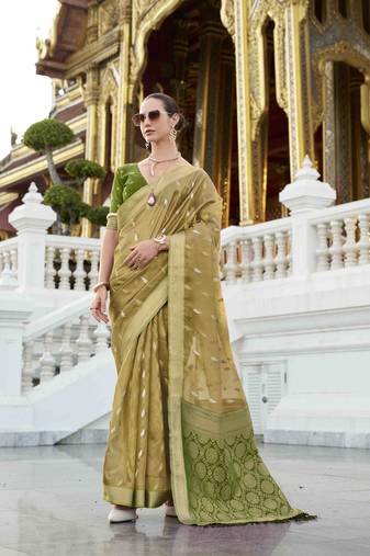 mustard tissue silk blend saree with unstitched blouse piece