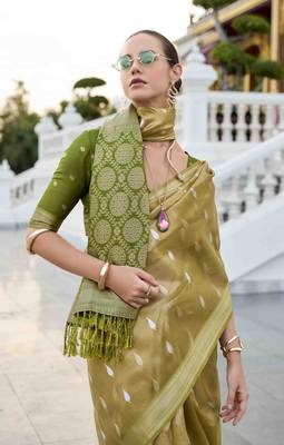 mustard tissue silk blend saree with unstitched blouse piece 2