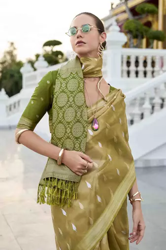 mustard tissue silk blend saree with unstitched blouse piece