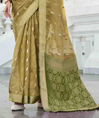 mustard tissue silk blend saree with unstitched blouse piece 3