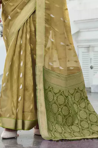 mustard tissue silk blend saree with unstitched blouse piece