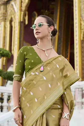 mustard tissue silk blend saree with unstitched blouse piece
