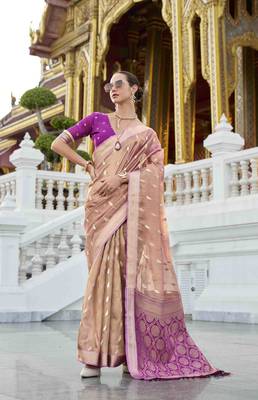 peach tissue silk blend saree with unstitched blouse piece 1