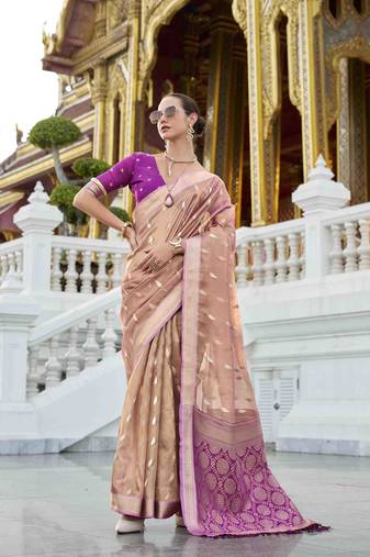 peach tissue silk blend saree with unstitched blouse piece