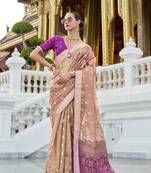 peach tissue silk blend saree with unstitched blouse piece