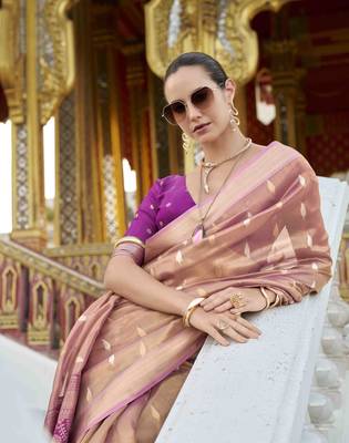peach tissue silk blend saree with unstitched blouse piece 2