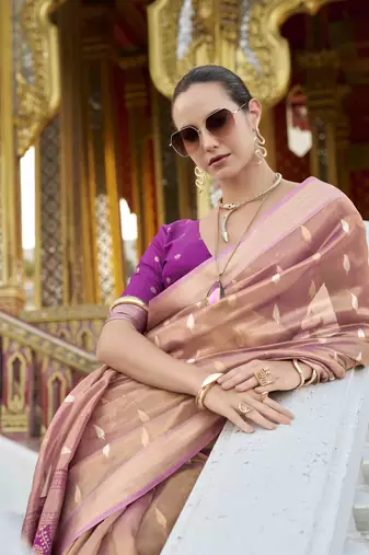 peach tissue silk blend saree with unstitched blouse piece