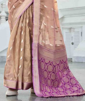 peach tissue silk blend saree with unstitched blouse piece 3