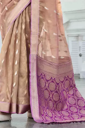 peach tissue silk blend saree with unstitched blouse piece