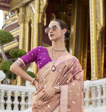 peach tissue silk blend saree with unstitched blouse piece 4
