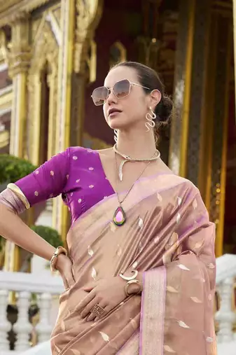 peach tissue silk blend saree with unstitched blouse piece