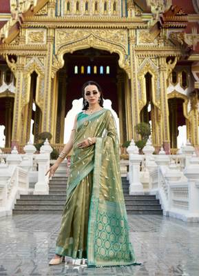 olive tissue silk blend saree with unstitched blouse piece 1