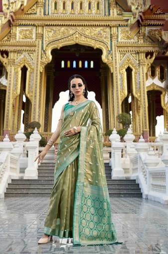 olive tissue silk blend saree with unstitched blouse piece