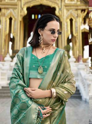 olive tissue silk blend saree with unstitched blouse piece 2