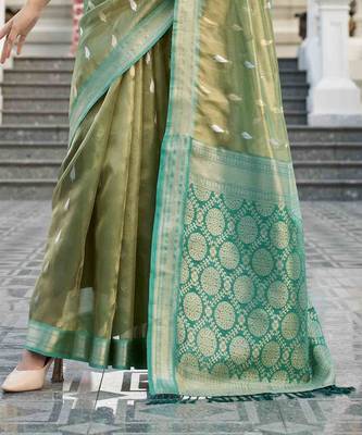 olive tissue silk blend saree with unstitched blouse piece 3